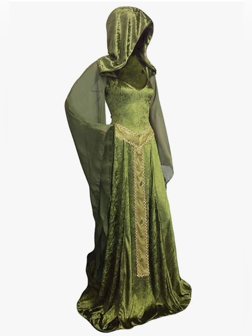 Women’s Renaissance Medieval Green Velvet Costume Hooded Maxi Dress Size Small